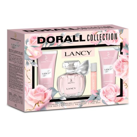 Set cadou parfum dama Dorall Lancy, femei, apa de toaleta 100 ml, roll on 10 ml, gel de dus 50 ml, lotiune maini si corp 50 ml