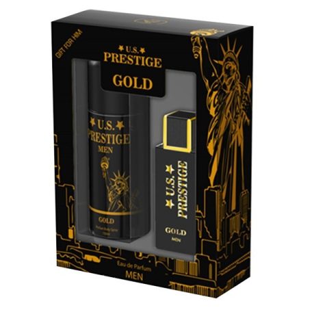 Set cadou parfum barbati 2 piese US Prestige Gold, 50 ml apa de parfum, 150 ml deo spray, barbati